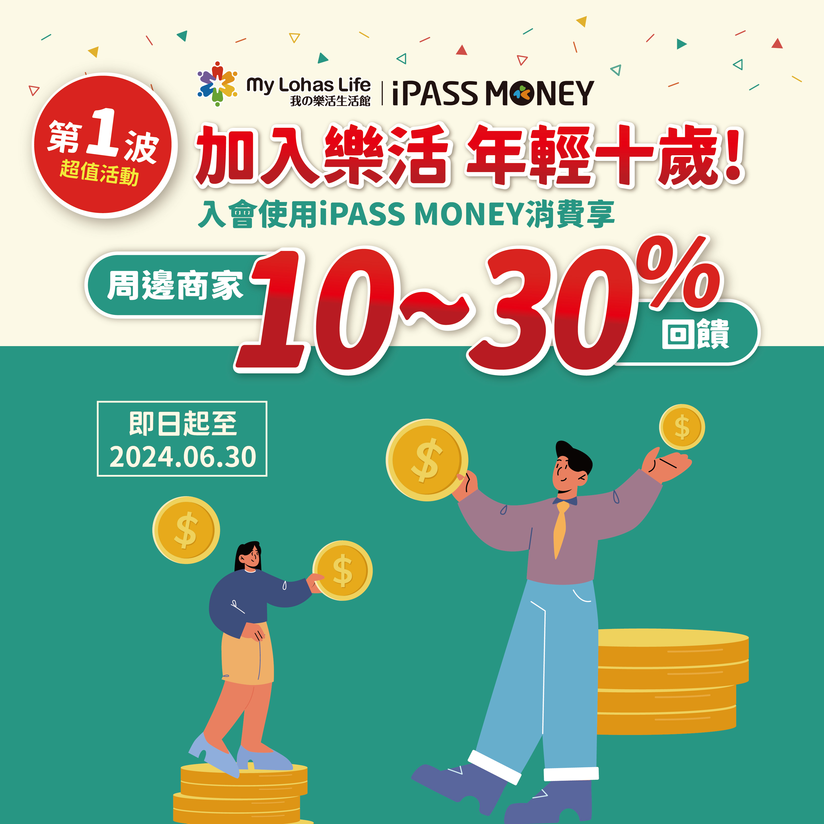 【樂活會員專屬優惠】指定店家使用 iPASS MONEY 消費，「我的樂活生活館」會員最高享 30% 回饋