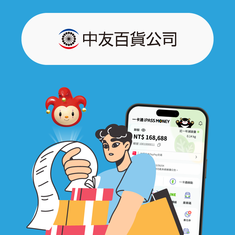 【中友百貨】使用一卡通 iPASS MONEY APP 當日累積消費滿 699 元贈造型一卡通